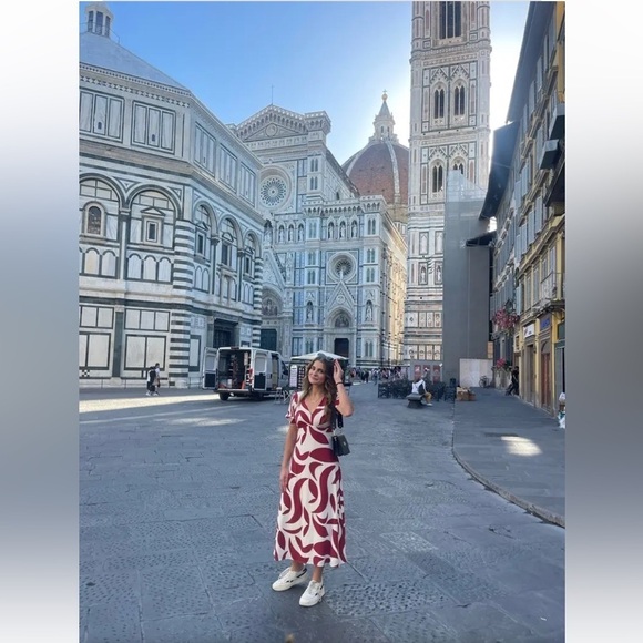 Donna Morgan terracotta abstract print midi dress 30279 - Picture 3 of 15